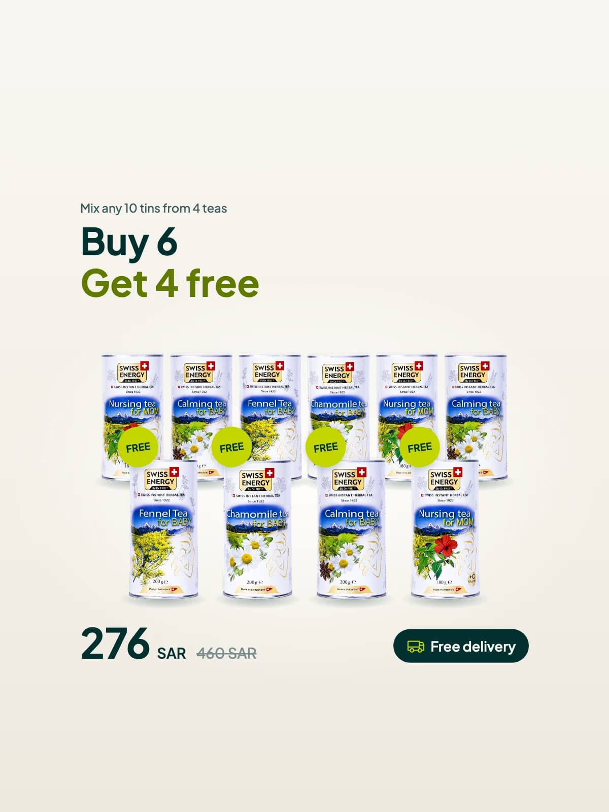 Swiss Energy Tea Offer: Buy 6, Get 4 Free (10 Tins)