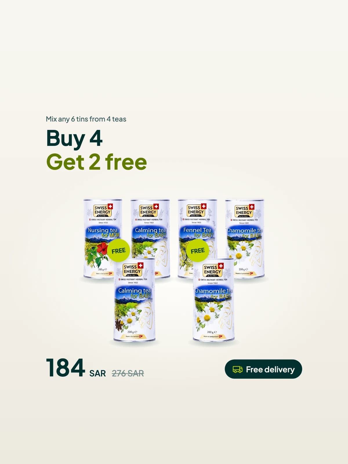 Swiss Energy Tea Offer: Buy 4, Get 2 Free (6 Tins)